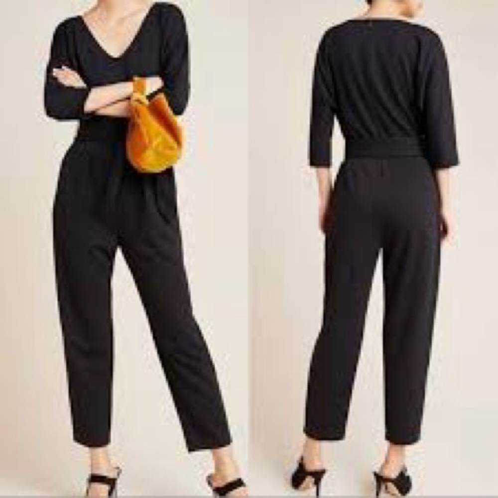 Anthropologie Sutton Ponte Knit V Neck Straight Leg Jumpsuit Black